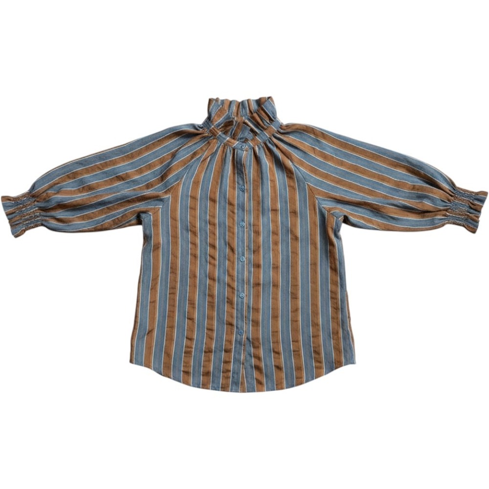 Jade Melody Tam Ruffle Neck Striped Blouse XS Raglan Smocked Cuff Preppy Modest